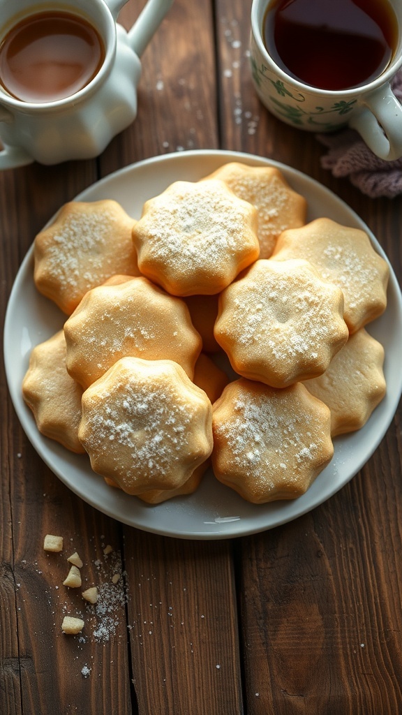 Eternal Sugar Cookies with Mystic Flour A plate of golden sugar cookies dusted with sugar, next to a cup of tea on a wooden table.